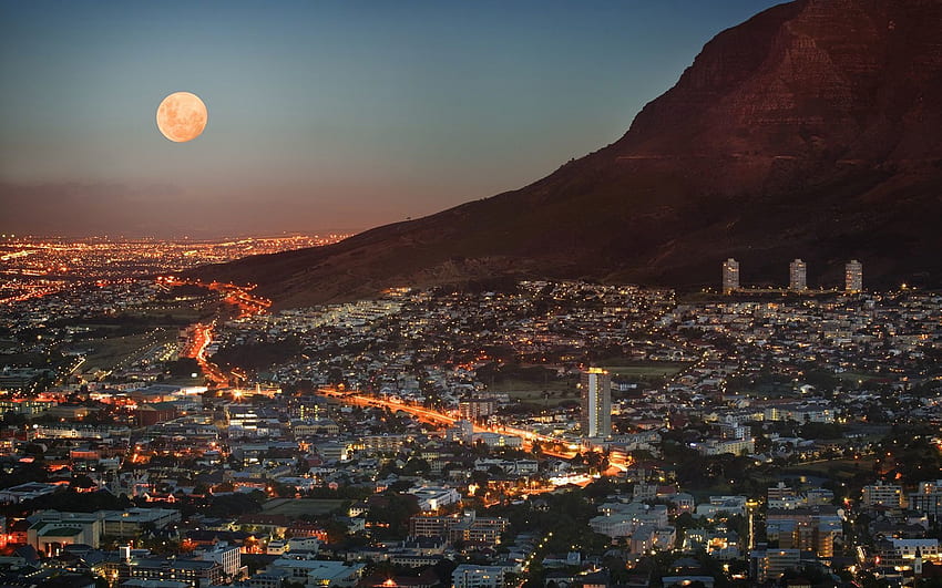 Şehirler, Evler, Gökyüzü, Alacakaranlık, Ay, Işıklar, Dağ, Parlatıcı, Işık, Gökdelenler, Alacakaranlık, Yükseklik, Megalopolis, Megapolis, Görünüm, Panorama, Cape Town, Güney Afrika HD duvar kağıdı