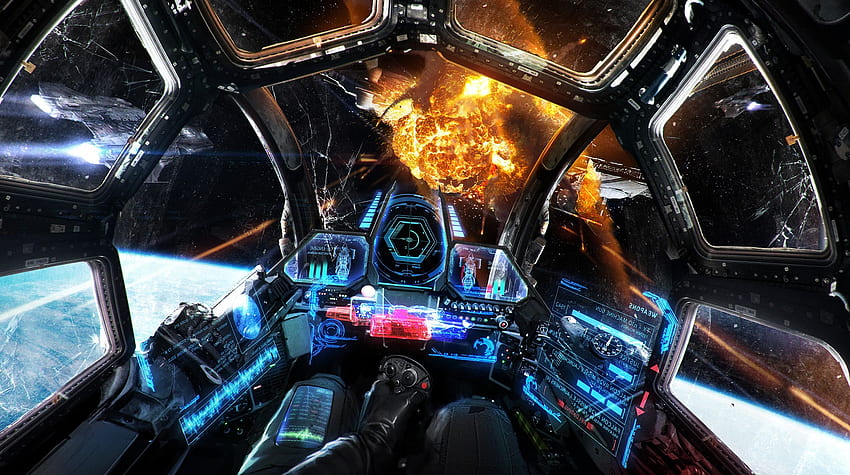 Artwork, Science Fiction, Weltraum, Raumschiff, HUD, Explosion / und mobiler Hintergrund, Raumschiff-Cockpit HD-Hintergrundbild