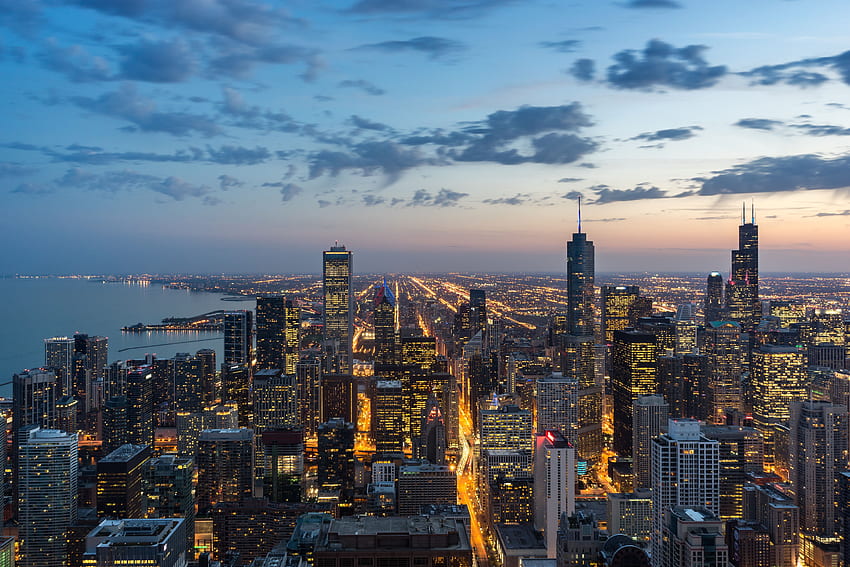 เมือง, กลางคืน, สหรัฐอเมริกา, ดูจากด้านบน, ตึกระฟ้า, สหรัฐอเมริกา, ชิคาโก วอลล์เปเปอร์ HD