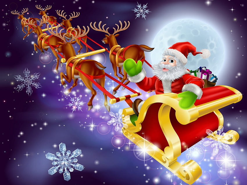 Happy holidays!, winter, flight, snowflakes, holiday, moon, snow, happy, santa, frost, smile, beautiful, sleigh, christmas, view, funny, sky, deers, joy HD wallpaper