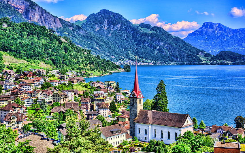 Люцерн, R, швейцарски градове, градски пейзажи, планини, Швейцария, езерото Люцерн, Европа HD тапет