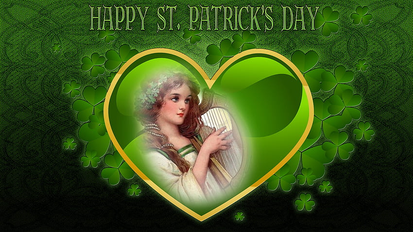 Irish Harp, Shamrocks, Green, Irish Lass, Heart, Green Heart, St Patricks Day HD wallpaper
