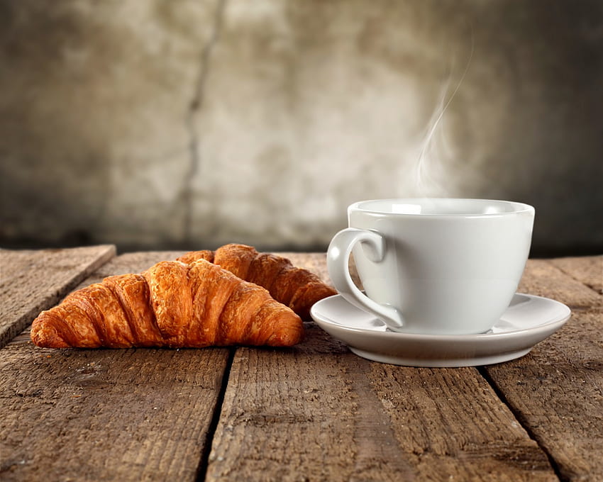아침 식사, 크루아상, 뜨거운, 커피, 컵 HD 월페이퍼