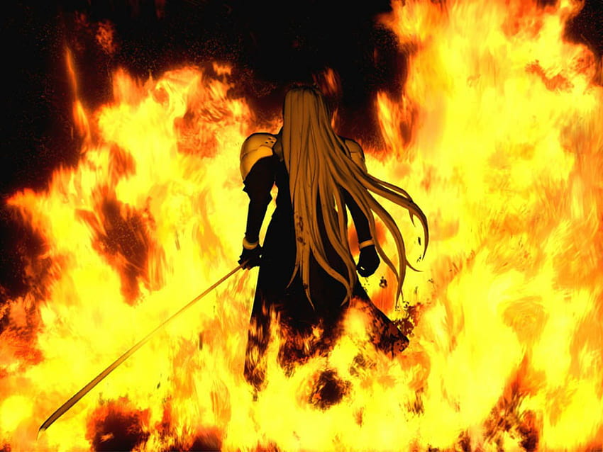Sephiroth y su espada larga, espada larga, llamas fondo de pantalla