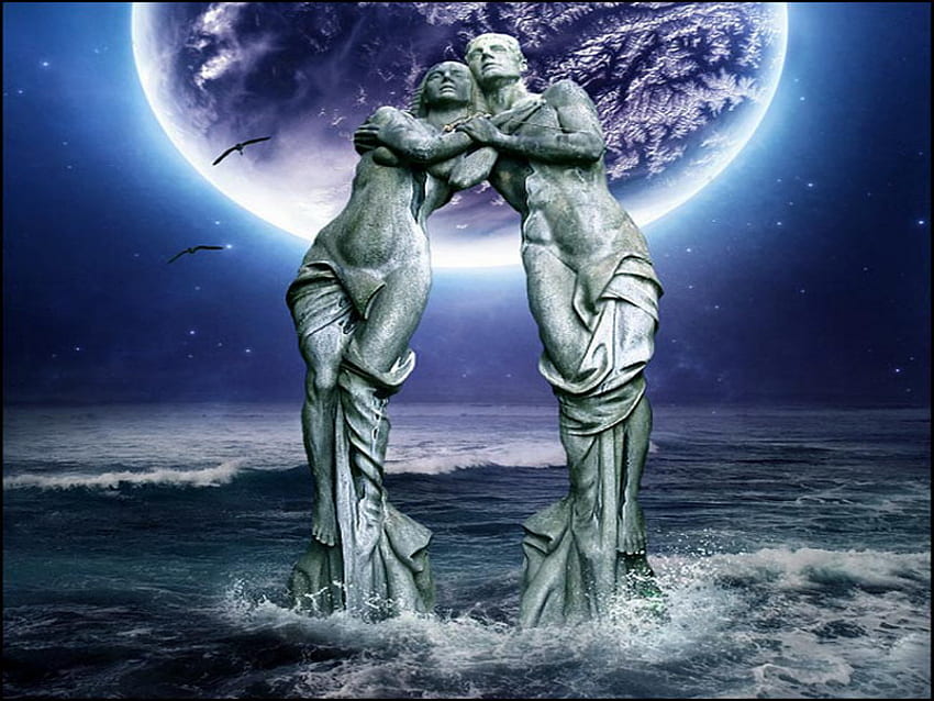 ewige liebe, nacht, blau, mond, liebe, paar, ozean, statue HD-Hintergrundbild