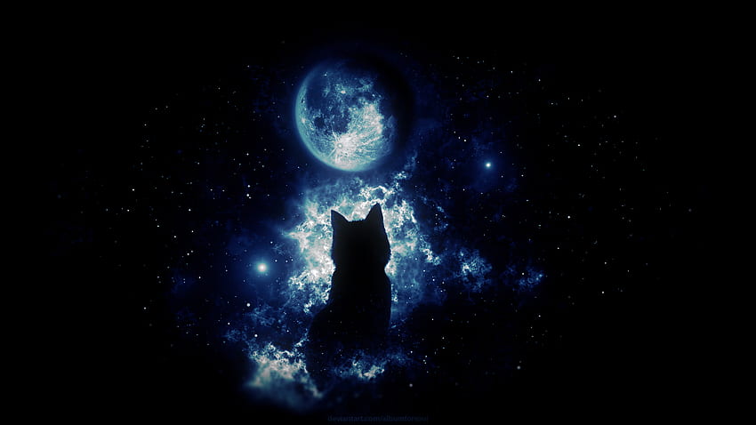 Fantasy, sztuka, księżyc, ciemność, sylwetka, kot, gwiaździste niebo Tapeta HD