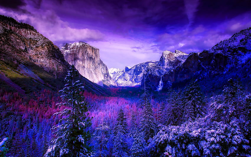 Долината Йосемити, зима, планински пейзаж, здрач, долина, Национален парк Йосемити, американски забележителности, красива природа, Сиера Невада, САЩ, Америка HD тапет