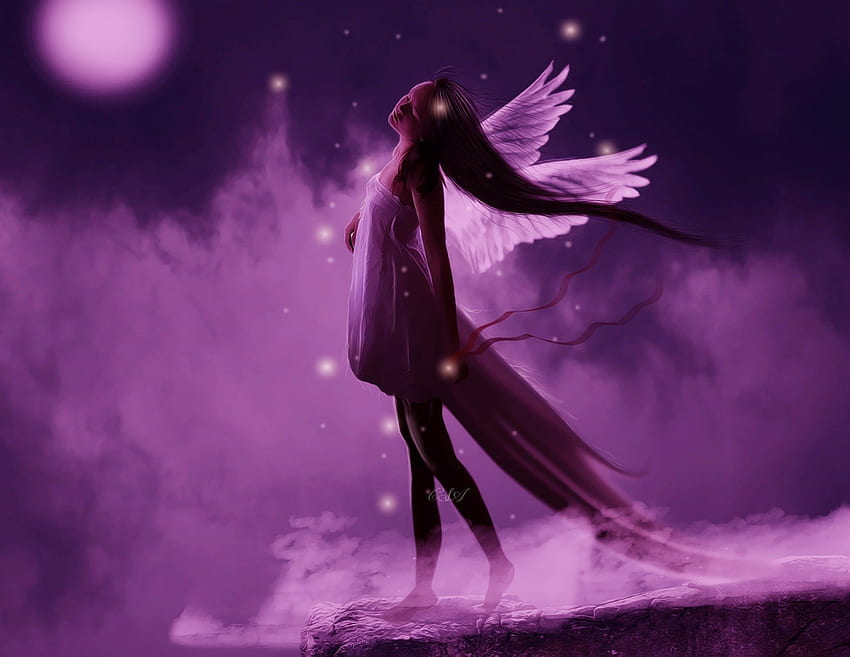 Purple Angel in the night, purple, angel, girl, fantasy HD wallpaper