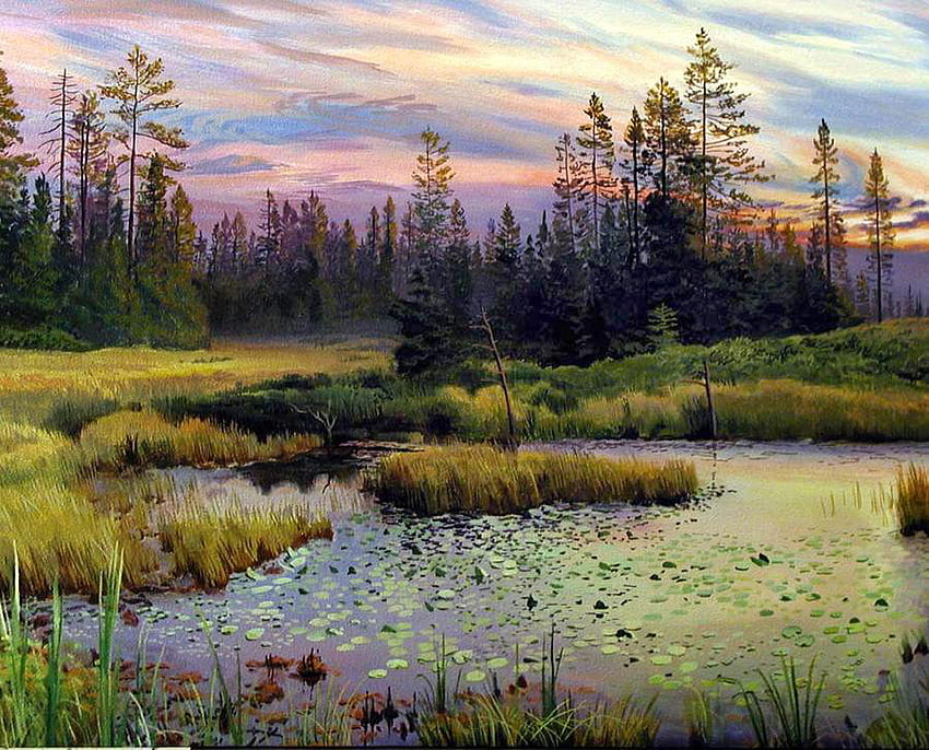 A. Chartov - Michigan semble comme un rêve, peinture, art, a chartov, michigan, lac, coucher de soleil, arbre Fond d'écran HD