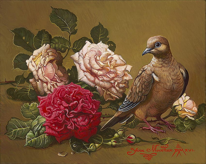 Roses and dove, art, dove, bird, yana movchan, rose, pink, painting, flower, red, pasari HD wallpaper