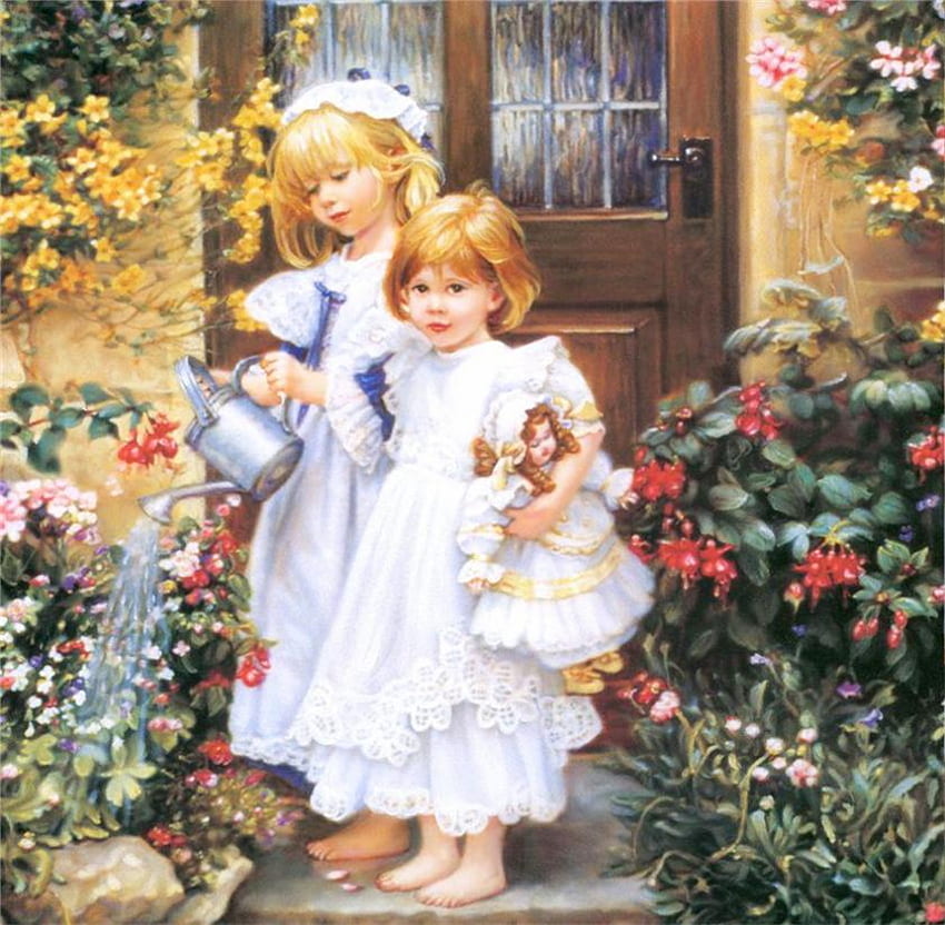 Big Sister's Help, doll, sisters, door, dresses, sidewalk, garden, water can, flowers HD wallpaper