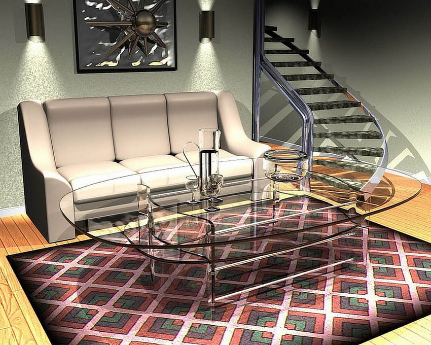 Дизайн, килим, маса, диван, лампи, диван, стълби, светлини, стъкло, дом HD тапет
