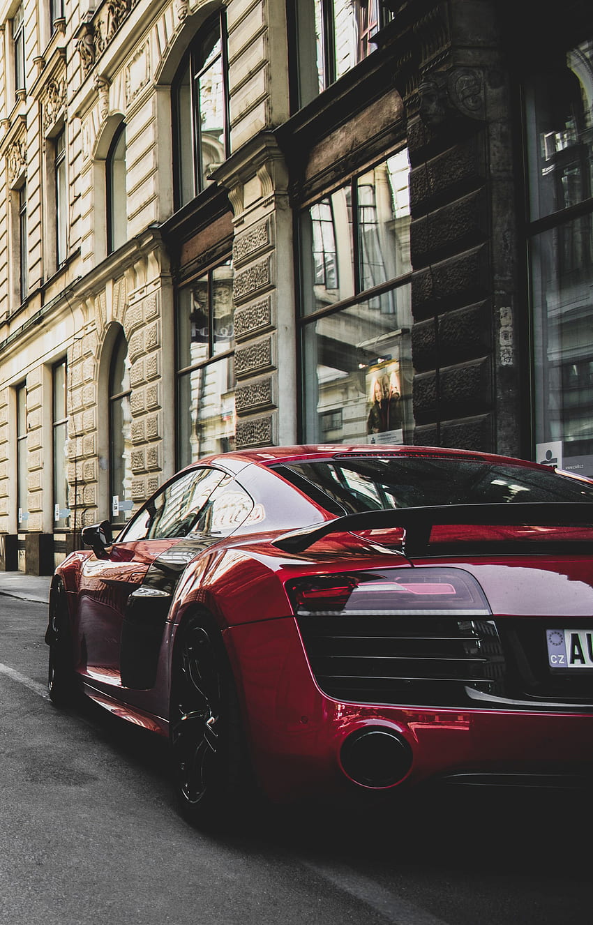 Red and Black Audi R8 Coupe Parked Near Gray Concrete Building · Stock HD phone wallpaper
