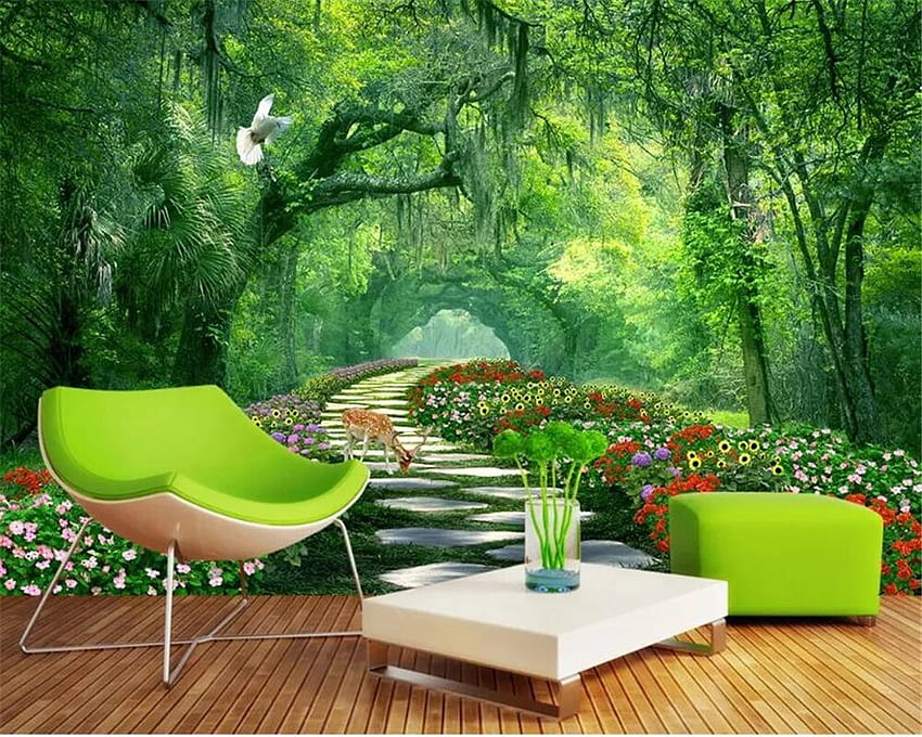 Beibehang Mural personalizado naturaleza paisaje bosque parque camino verde ciervo flores 3D paisaje pared para sala de estar. fondo de pantalla