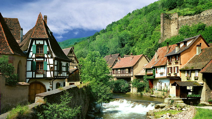 Mountain village, river, house, hill, village, mountain HD wallpaper