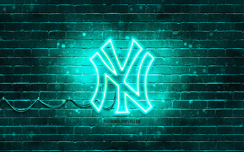 Logotipo turquesa de los Yankees de Nueva York, pared de ladrillo turquesa, logotipo de los Yankees de Nueva York, equipo de béisbol americano, logotipo de neón de los Yankees de Nueva York, Yankees de Nueva York, Yankees de Nueva York fondo de pantalla