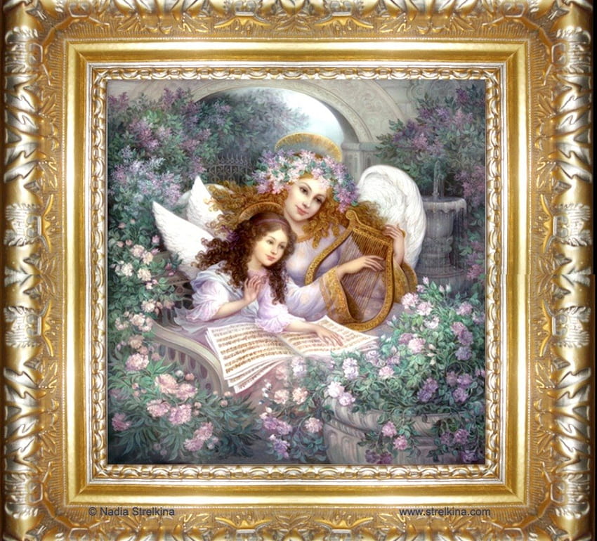 Angels, notes, fantasy, harp, melody HD wallpaper