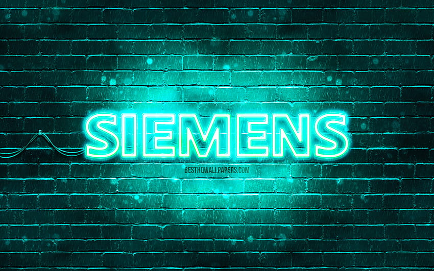 Logotipo turquesa da Siemens, parede de tijolos turquesa, logotipo da Siemens, marcas, logotipo neon da Siemens, Siemens papel de parede HD