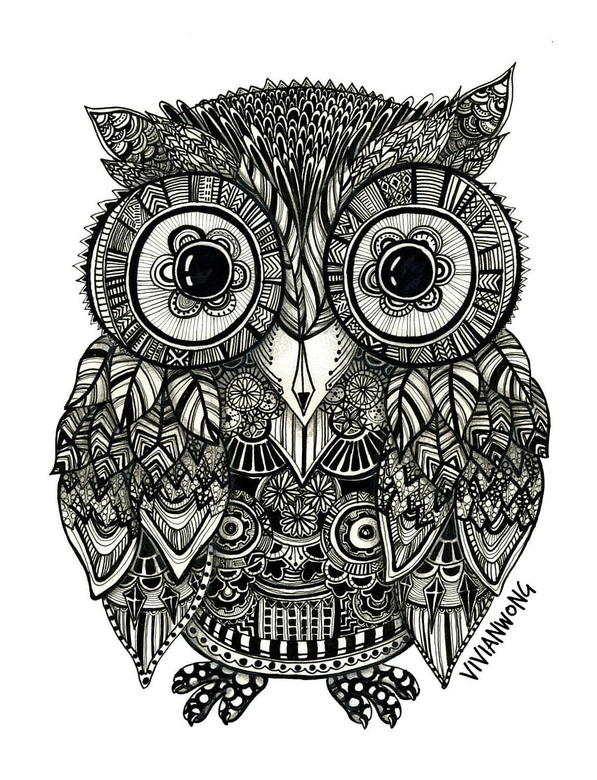 Zentangle Owl Fineliner Pen rysunek, ręcznie, wysokiej jakości druk, Zentangle zwierząt Tapeta na telefon HD