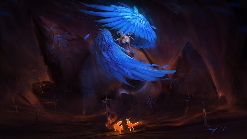 Angel of death, wings, blue, frumusete, art, angel, death, dark, feather, fantasy, luminos, bisbiswas HD wallpaper