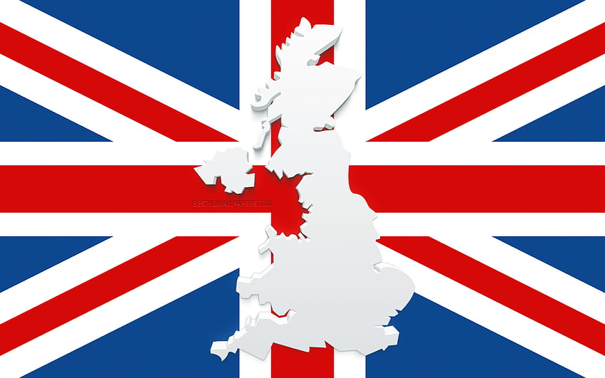 United Kingdom map silhouette, Flag of United Kingdom, silhouette on the flag, United Kingdom, 3d United Kingdom map silhouette, United Kingdom flag, United Kingdom 3d map HD wallpaper