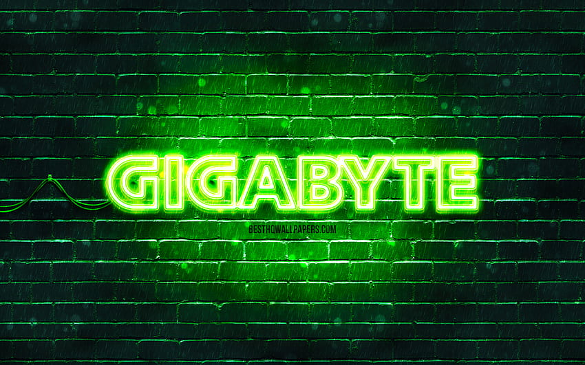 Logo verde Gigabyte, muro di mattoni verde, logo Gigabyte, marchi, logo al neon Gigabyte, Gigabyte Sfondo HD