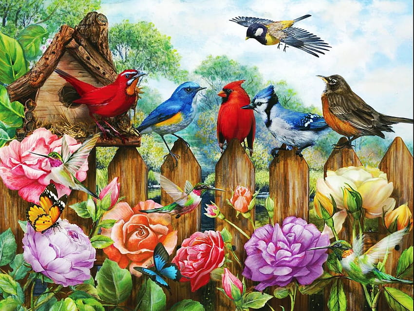 Morning Serenade, flowers, birds, blossoms, fence, painting HD wallpaper