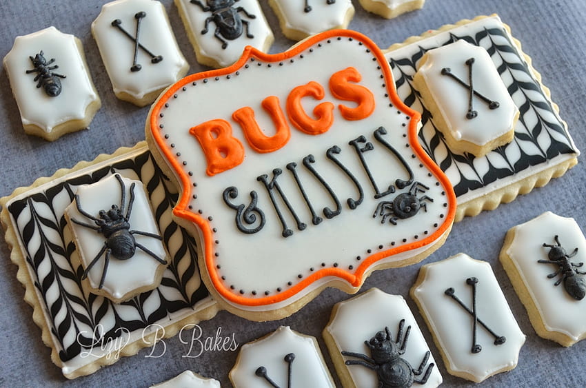 Bugs & Kisses, sweet, white, cookie, dessert, food, orange, halloween, texture, card HD wallpaper