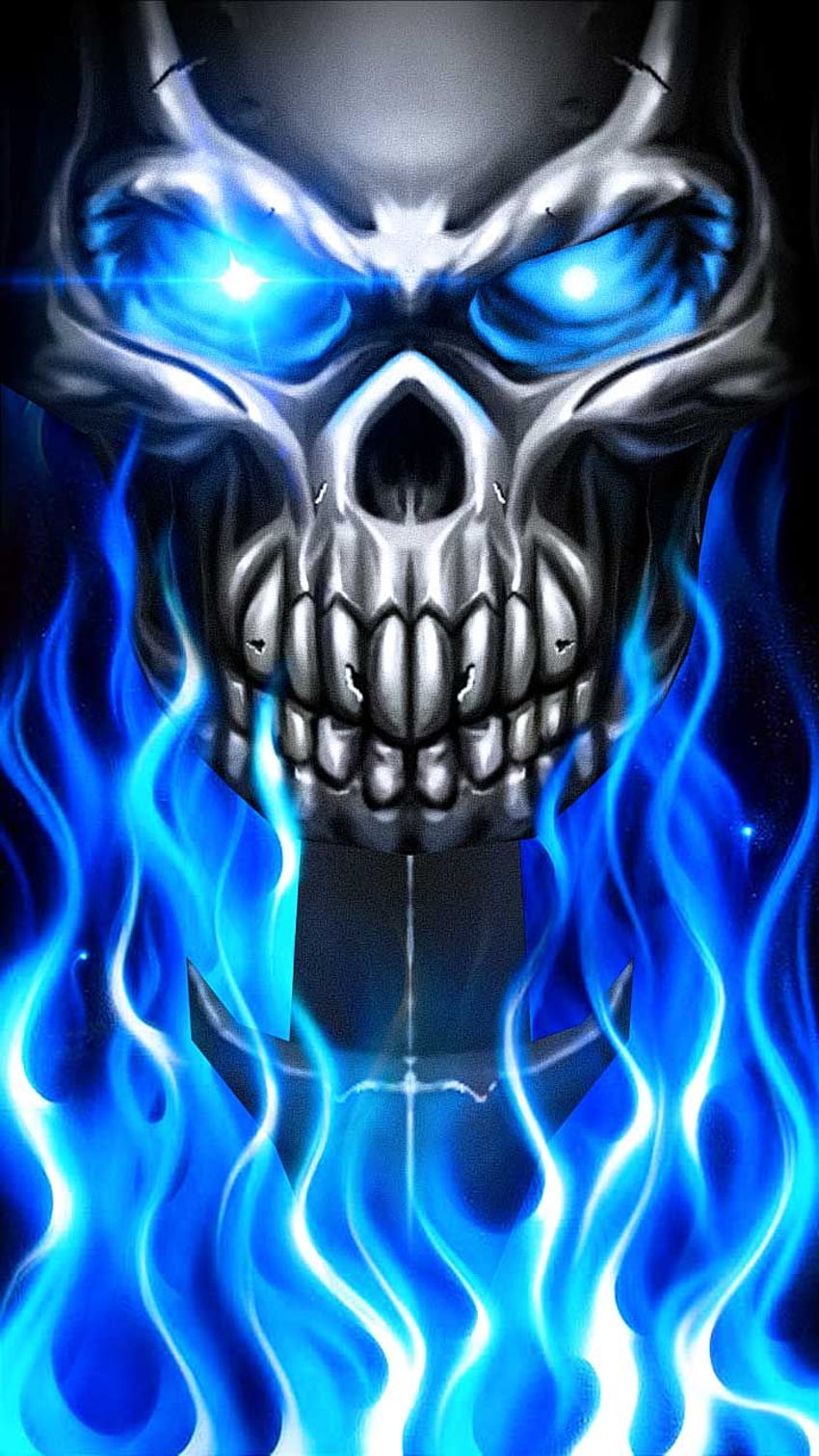 Flame Skull fire. Blue metal skull . HD phone wallpaper