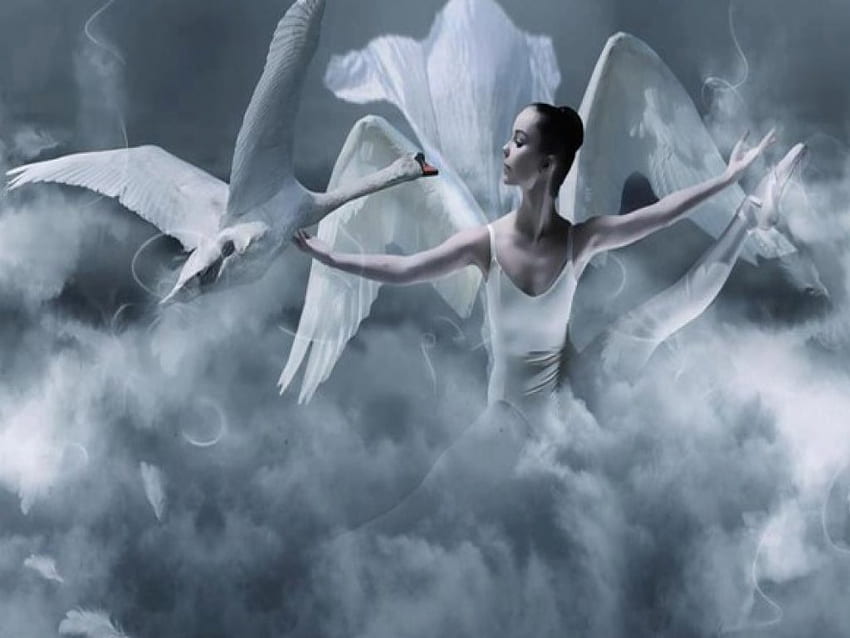 Angel Dance, piękny anioł, magia, szare tło, namiętny, taniec, cudowny, piękno, białe skrzydła, biała sukienka, twarz, łabędź, niesamowity Tapeta HD