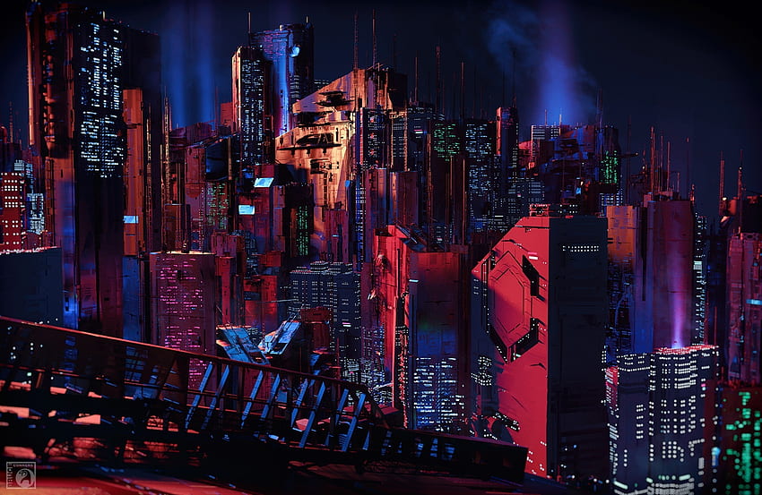 Paisaje urbano, futurista, edificios, oscuro, arte. fondo de pantalla