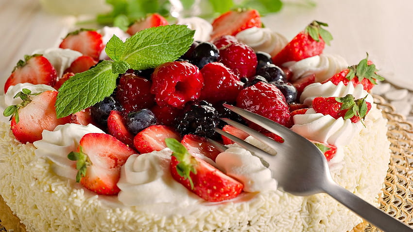 Food, Strawberry, Desert, Berries, Cake, Cream, Sweet, Mint HD wallpaper