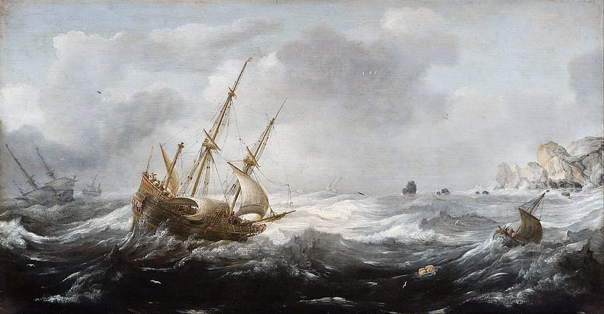 Jan Porcellis - Navios em uma tempestade em uma costa rochosa - Google Art papel de parede HD