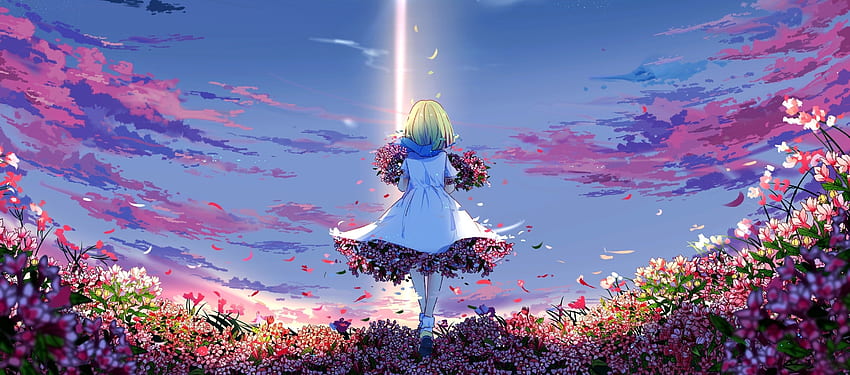 애니메이션 소녀, 봄, 초원, 꽃, 만나고 HD 월페이퍼