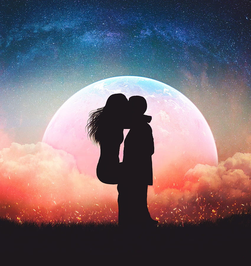 Couple, Lovers, Moon, Silhouette, Romantic, , Love, Romantic Nature HD phone wallpaper