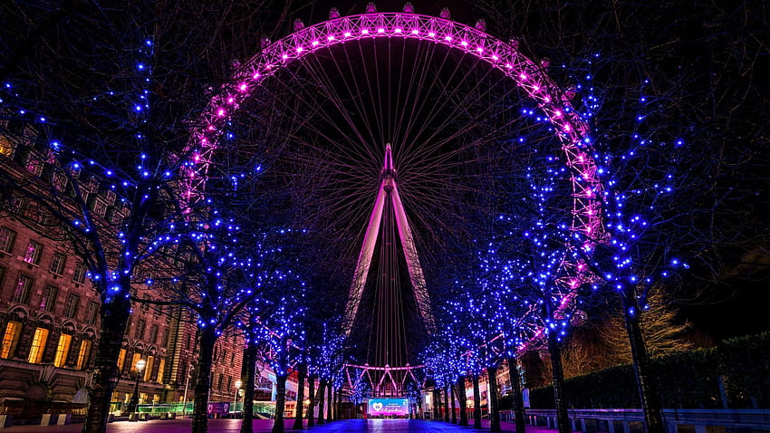 London Eye, Night, Neon lights, Magenta hue, Glowing HD wallpaper
