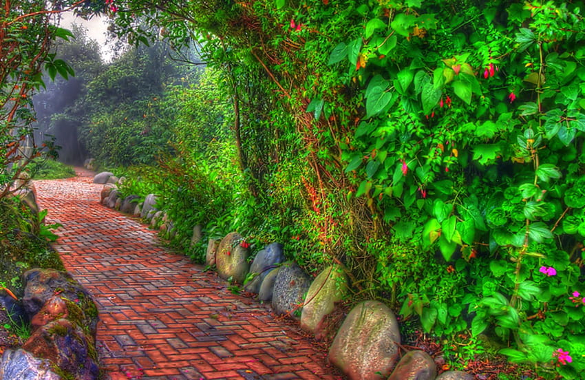Brick Path, path, brick, trees, flowers, stones HD wallpaper