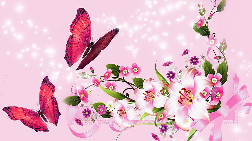 Pink Extravaganza, butterflies, pink, firefox persona, flowers, stars, sparkles, lily HD wallpaper