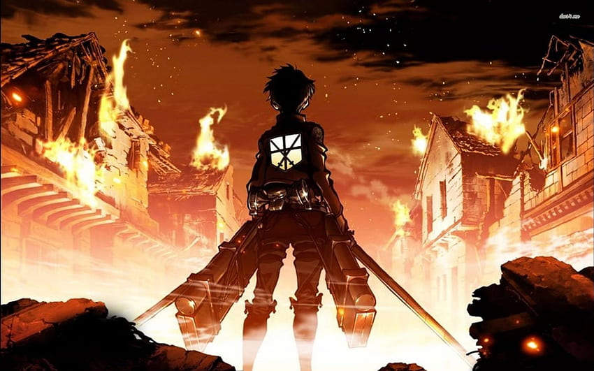 This will be the end!, eren yeager, awesome, shingeki no kyojin, house, end, weapons, dark, attack on titan, logo, swords, cool, sky, fire, anime boy, male HD wallpaper