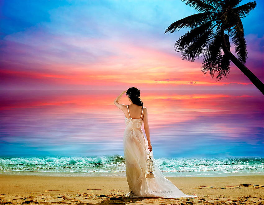 залез, природа, жена, плаж HD тапет