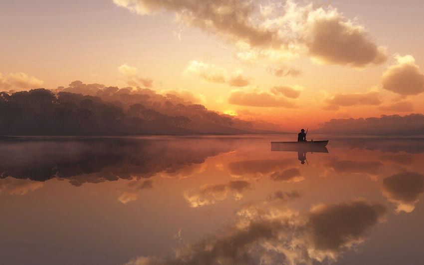 Natura, sylwetka, mgła, poranek, łódź, rybak Tapeta HD