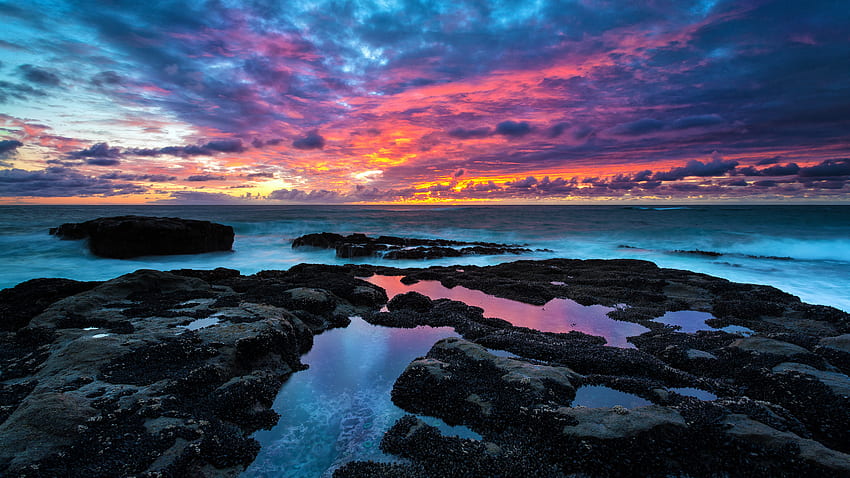 Sunset, rocky beach, clouds, nature HD wallpaper