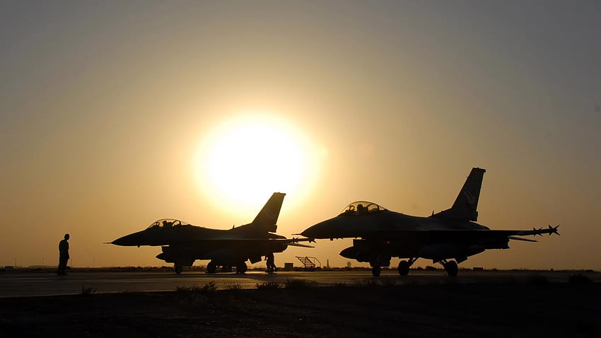 軍用機、飛行機、ジェット機、シルエット、太陽、一般的なダイナミクス F 16 ファイティング ファルコン / およびモバイルの背景 高画質の壁紙