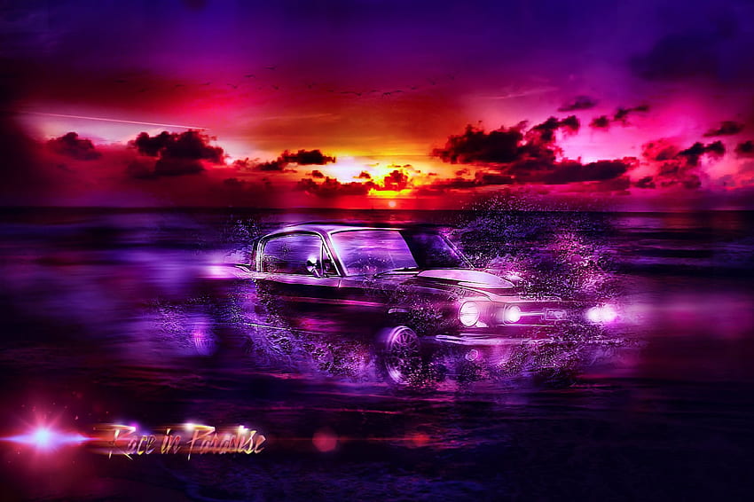 RIDE IN PARADISE, OCEAN, BEACH, CAR, mustang, SUNSET, Ford HD wallpaper