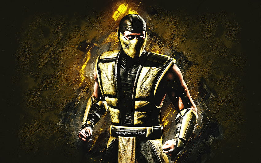 スコーピオン、Mortal Kombat Mobile、Scorpion MK Mobile、Mortal Kombat、黄色の石の背景、Mortal Kombat Mobile のキャラクター、グランジ アート、Scorpion Mortal Kombat、Classic Sc​​orpion 高画質の壁紙