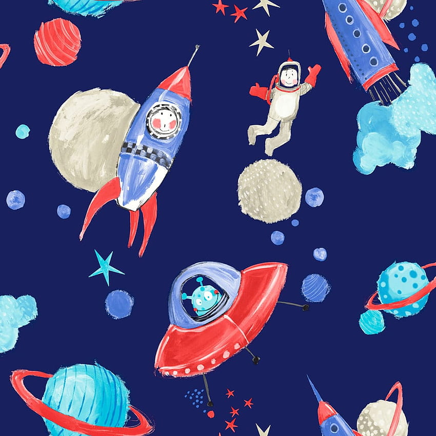 blue kids , rocket, illustration, cartoon, spacecraft, space, Cartoon Spaceship HD phone wallpaper