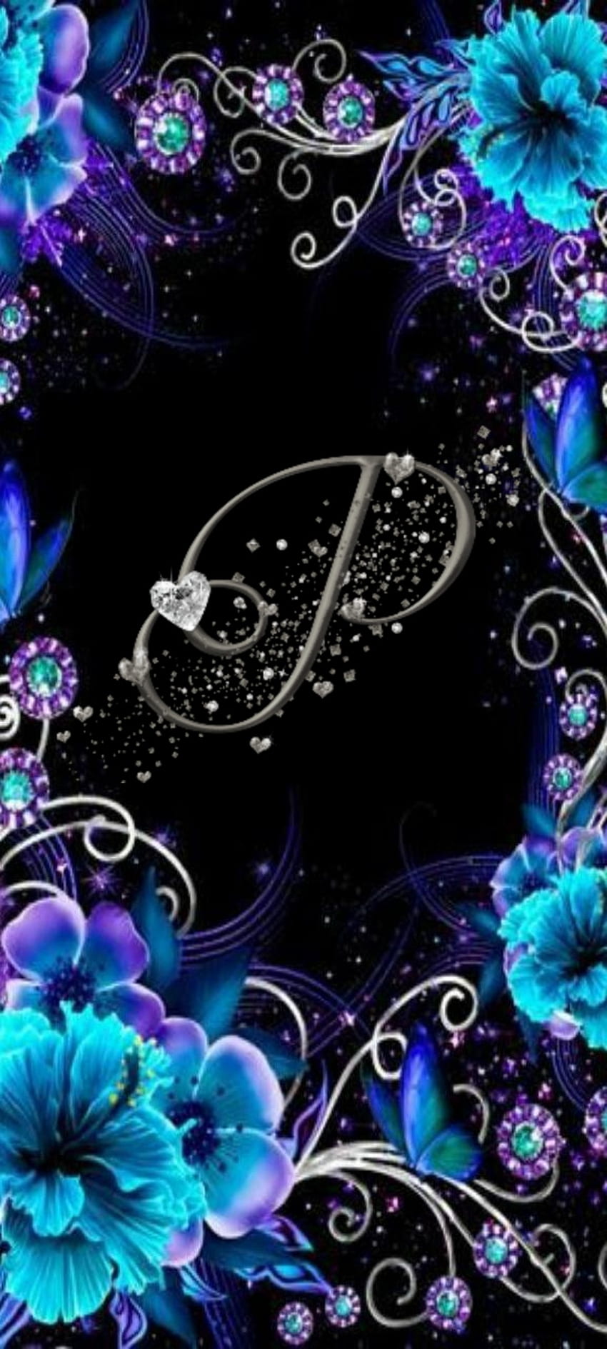 Letter P, flowers, blue, black, hearts, purple, silver, cute HD phone wallpaper