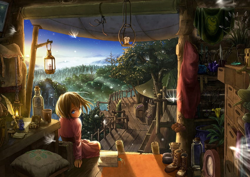 Forest House, scenery, orginal, fantasy, art, house, girl, indoor, forest HD wallpaper