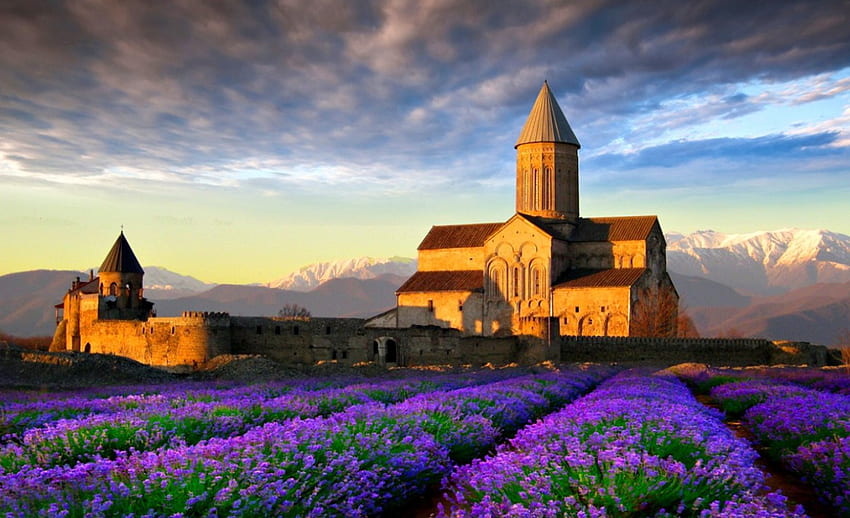 Beautiful View, landscape, sunrise, lavender field, field, lavender, clouds, nature, sky, castle, splendor, sunset HD wallpaper