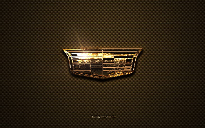 Złote logo Cadillaca, grafika, brązowe metalowe tło, godło Cadillaca, kreatywne, logo Cadillaca, marki, Cadillac Tapeta HD